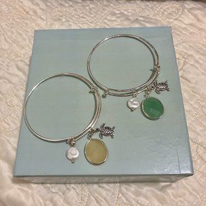 Two Sea Turtle and Gems Silver Tone Bangle Bracelets